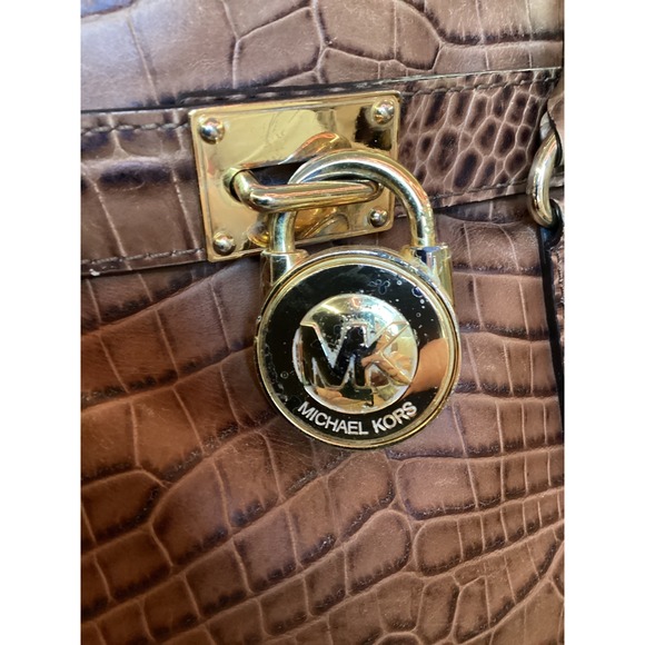 Michael Kors Croc Embossed Leather Tote Bag Gold Hardware Top Handle Bag - Picture 7 of 7